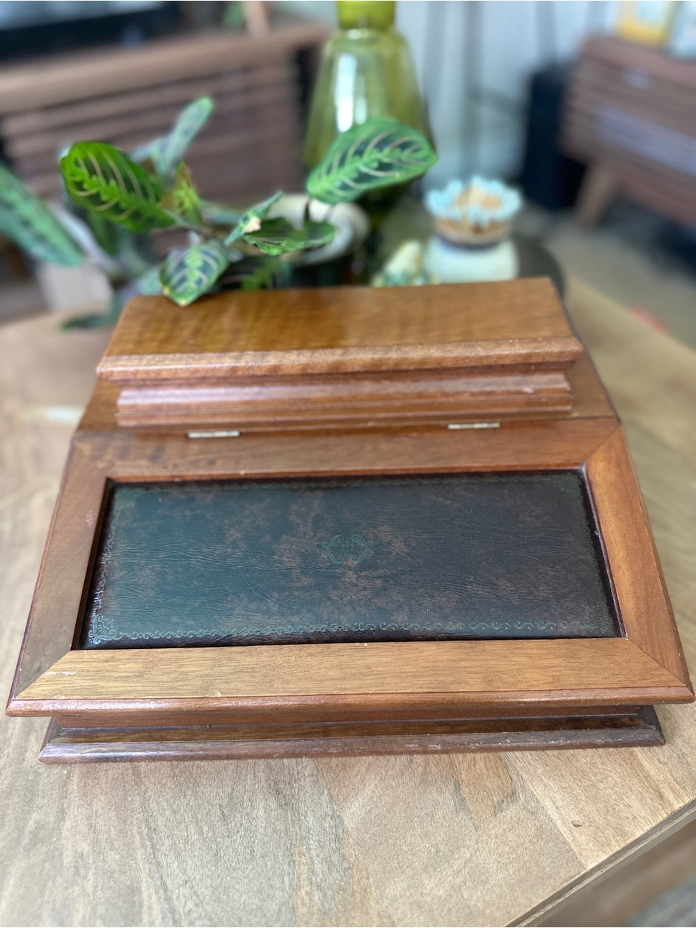 Vintage Montgomery Ward Faux Leather Wood Slant Top Jewelry Box Desk Valet